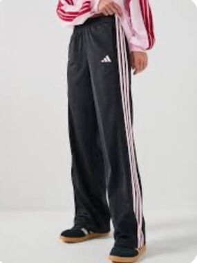 Adidas Women’s Gray Wide Leg Track Pants Pink Stripes L Athletic Y2K Retro Baggy